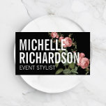 Vintage Florals Bold Text on Black Business Card<br><div class="desc">A bold styling of your name or business name is layered with a vintage-style illustration of a rose vine on this black business card template. An eye-catching and stylish effect for a beautiful impression. © 1201AM CREATIVE</div>