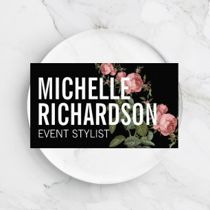 Vintage Florals Bold Text on Black Business Card