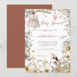 Vintage Florals Bunny Dress Girl Baby Shower Invitation