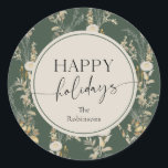 Vintage Florals Green Happy Holidays Stickers<br><div class="desc">This elegant sticker features gold ivory vintage florals. Perfect for the holiday season!</div>