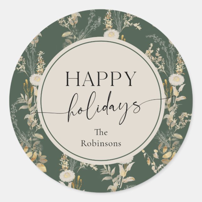 Vintage Florals Green Happy Holidays Stickers (Front)
