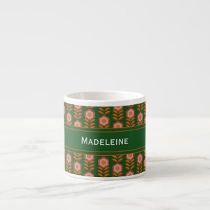 Vintage florals, pink on green monogrammed espresso cup