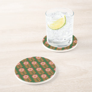 Vintage florals, pink on green retro pattern  coaster