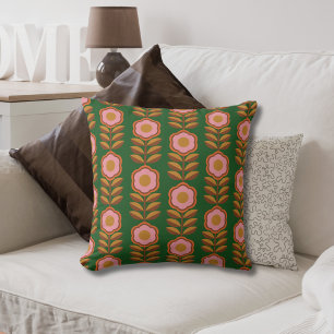Vintage florals, pink on green retro pattern cushion