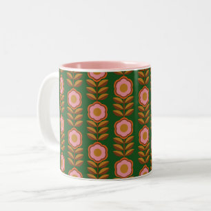 Vintage florals, pink on green retro pattern Two-Tone coffee mug