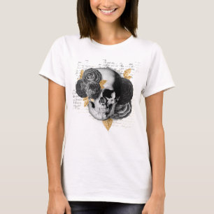 Vintage florals skull, script faux gold foliage T-Shirt