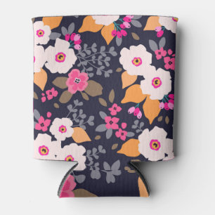 Vintage Florals: White on Blue Can Cooler