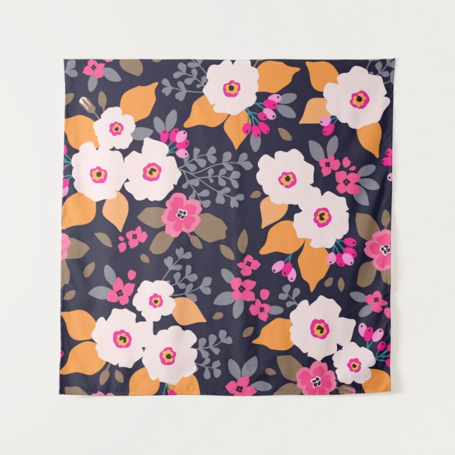 Vintage Florals: White on Blue Tapestry (Front)