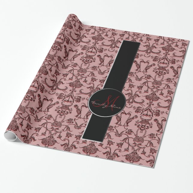 Vintage Florentine Damask (Red) (Monogram) Wrapping Paper (Unrolled)