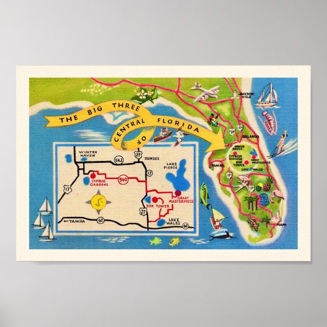 Vintage Florida Attractions Map Print (Front)