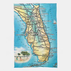Vintage Florida map with highways Tea Towel