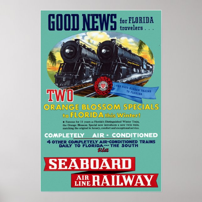 Vintage Florida Railroad Train Travel Poster (Front)
