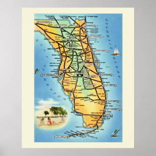 Vintage Florida Road Map Poster Print