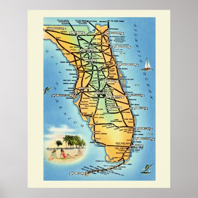 Vintage Florida Road Map Poster Print (Front)