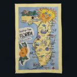 Vintage Florida tourist greetings map Tea Towel<br><div class="desc">Greetings from Florida vintage tourist map with attractions and a large sun face at the top. Fun retro colours and midcentury style. Fun Florida kitsch!</div>