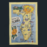 Vintage Florida tourist greetings map Tea Towel<br><div class="desc">Greetings from Florida vintage tourist map with attractions and a large sun face at the top. Fun retro colours and midcentury style. Fun Florida kitsch!</div>