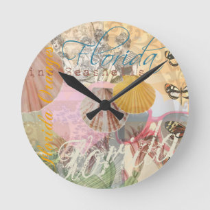 Vintage Florida Travel Beach Shells Collage Round Clock