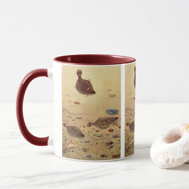 Vintage Flounders, Marine Ocean Life Flat Fish Mug (With Donut)