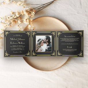 Vintage Flourish Art Deco Photo Wedding Tri-Fold Invitation