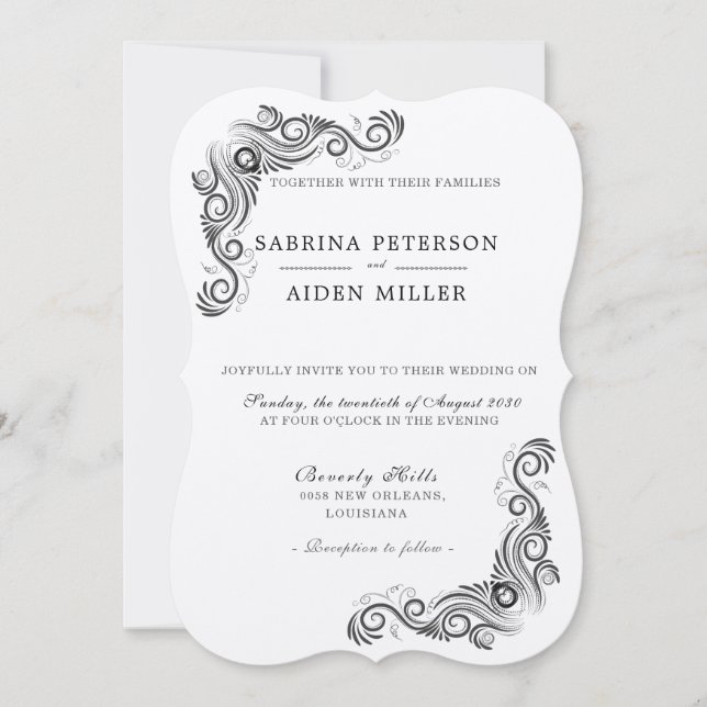 Vintage Flourish Black Monogram Photo Wedding Invitation (Front)