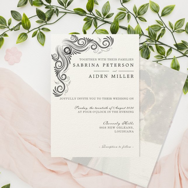 Vintage Flourish Black Monogram Photo Wedding Invitation (Creator Uploaded)