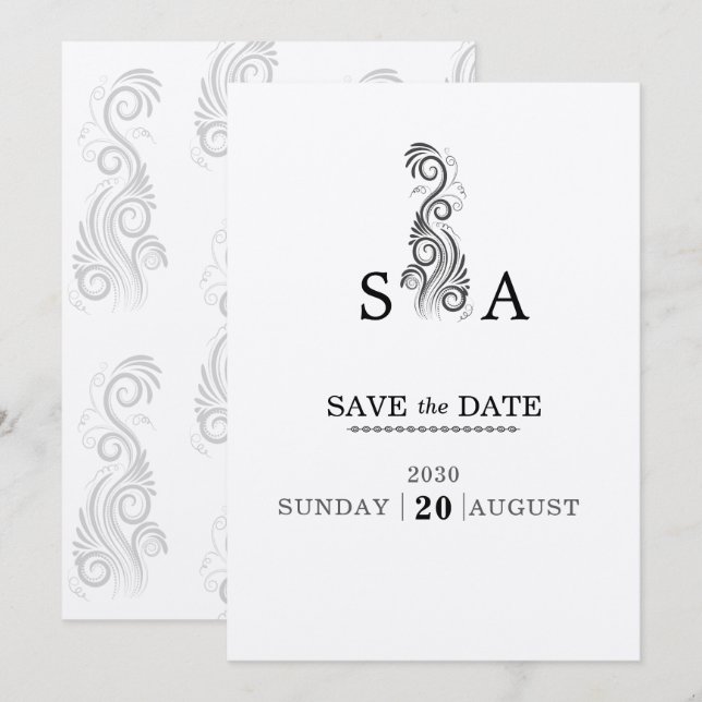 Vintage Flourish Black Monogram Wedding  Save The Date (Front/Back)