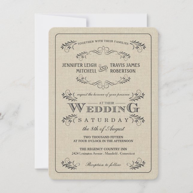 Vintage Flourish Burlap Wedding Invitations (Front)
