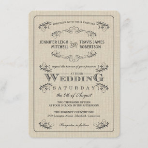 Vintage Flourish Burlap Wedding Invitations