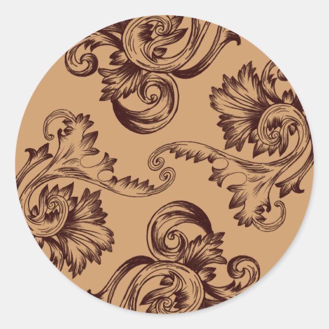 Vintage Flourish (Dark Brown) Classic Round Sticker (Front)
