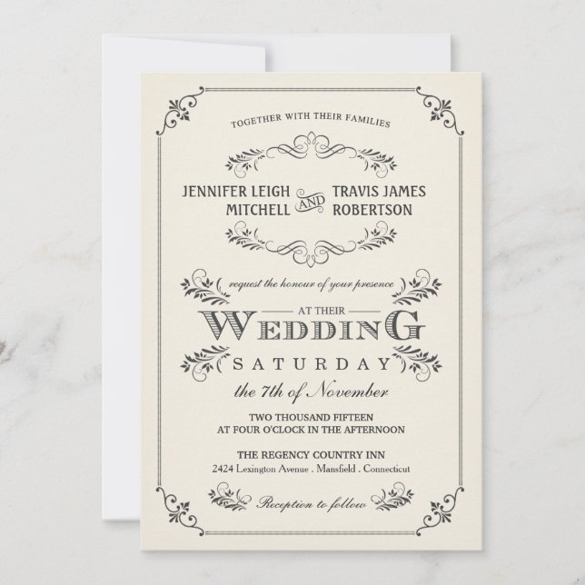 Vintage Flourish Elegant White Wedding Invitations (Front)