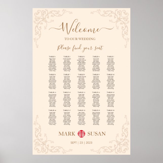 Vintage Flourish Frame Chinese Wedding Seating Poster (Front)