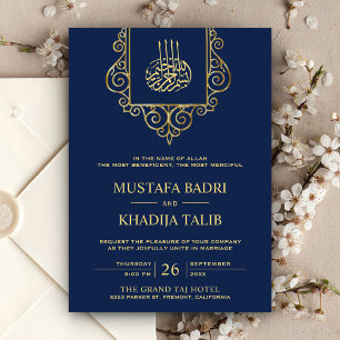 Vintage Flourish Gold Blue Islamic Wedding Invitation