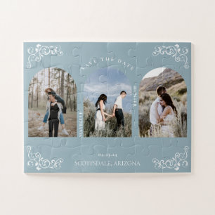 Vintage Flourish Scroll Blue Photo Save The Date Jigsaw Puzzle