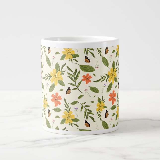 Vintage Flower and Butterfly Pattern Large Coffee Mug (Front)