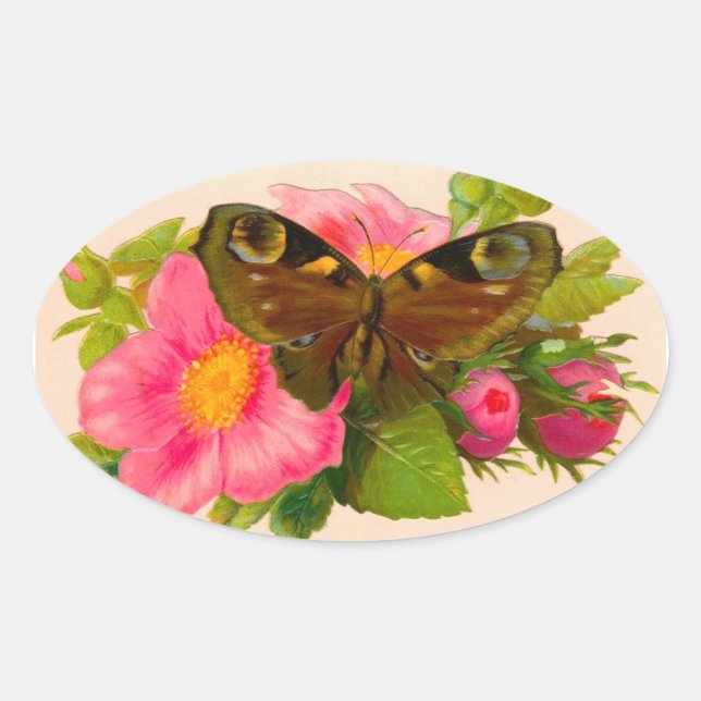 Vintage Flower and Moth Oval Sticker (Front)