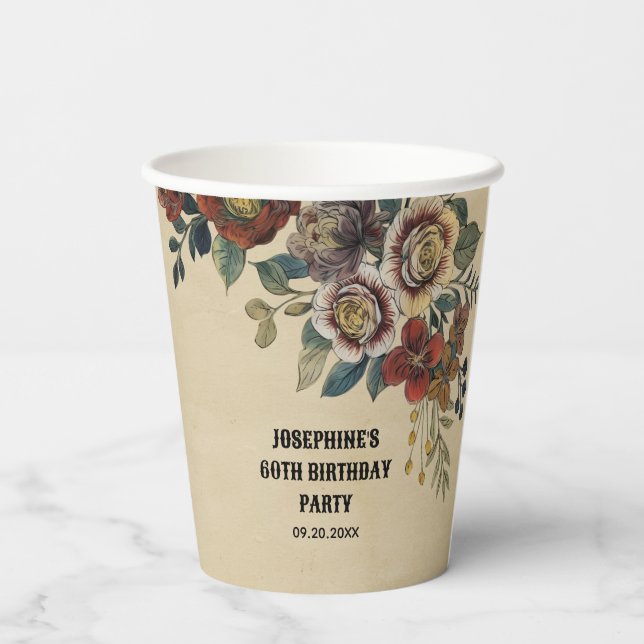 Vintage Flower Birthday  Paper Cups (Back)