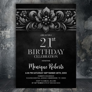 Vintage Flower Black 21st Birthday Party Invitation