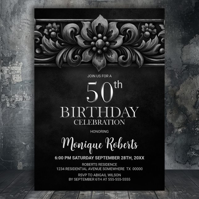 Vintage Flower Black 50th Birthday Party Invitation (Creator Uploaded)