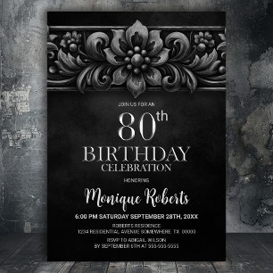 Vintage Flower Black 80th Birthday Party Invitation