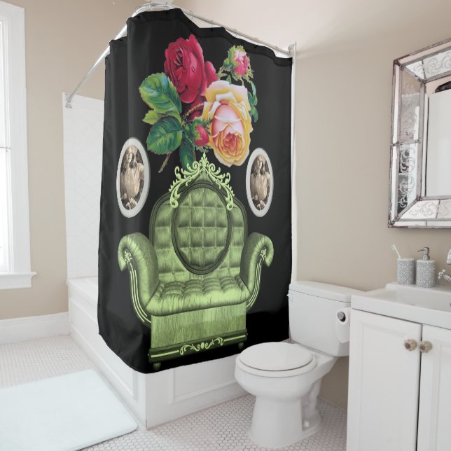 vintage flower black shower curtain (In Situ)