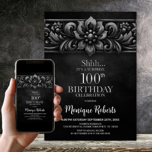 Vintage Flower Black Surprise 100th Birthday Party Invitation