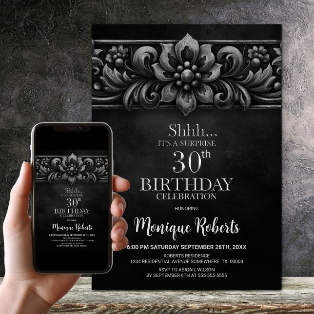 Vintage Flower Black Surprise 30th Birthday Party Invitation (Creator Uploaded)