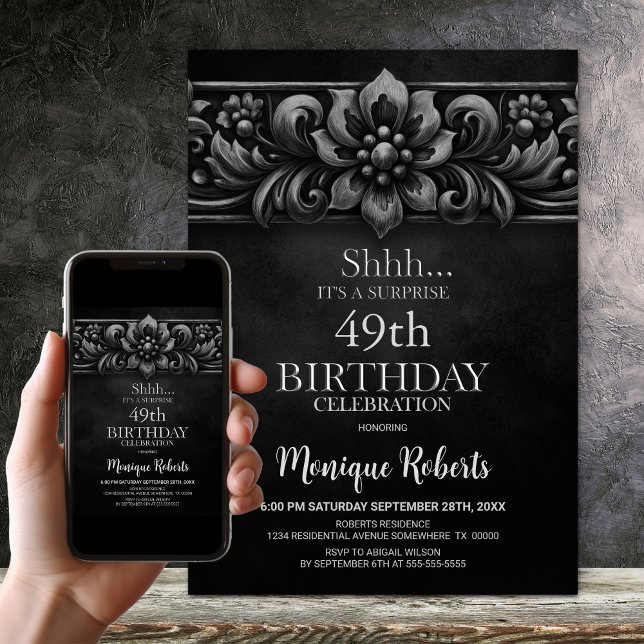 Vintage Flower Black Surprise Birthday Party Invitation (Creator Uploaded)