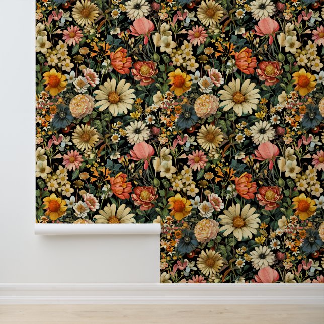 Vintage Flower Blooms Seamless Pattern Wallpaper (Application)