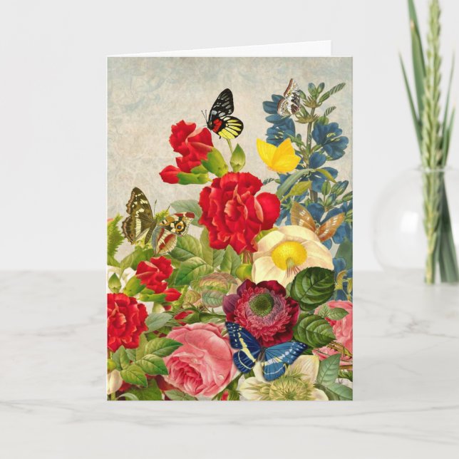 Vintage Flower Bouquet with Butterflies Card (Front)