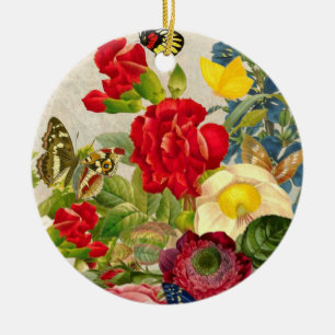 Vintage Flower Bouquet with Butterflies Ceramic Tree Decoration