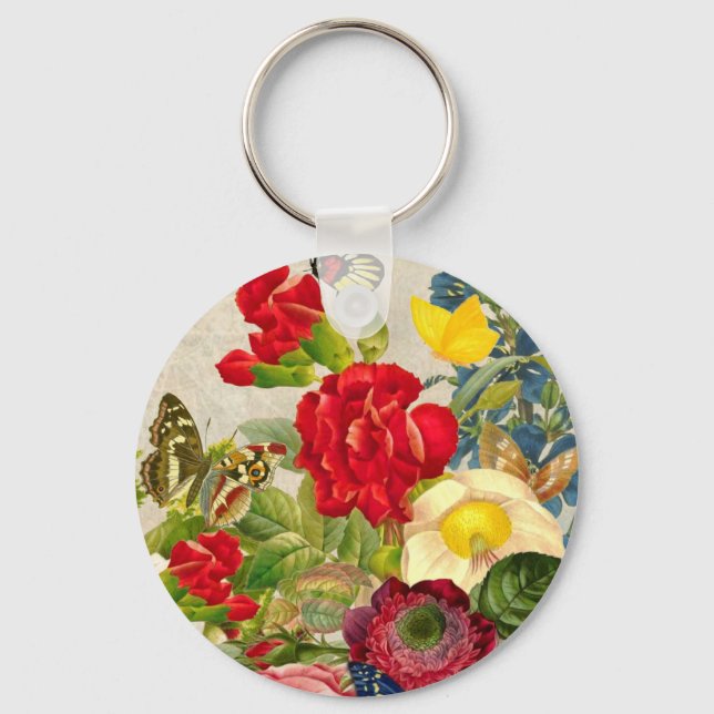 Vintage Flower Bouquet with Butterflies Key Ring (Front)