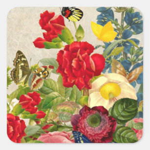 Vintage Flower Bouquet with Butterflies Square Sticker