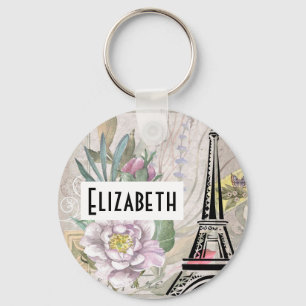 Vintage Flower Collage & Eiffel Tower Illustration Key Ring