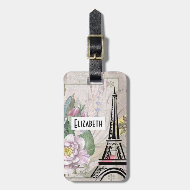 Vintage Flower Collage & Eiffel Tower Illustration Luggage Tag (Front Vertical)